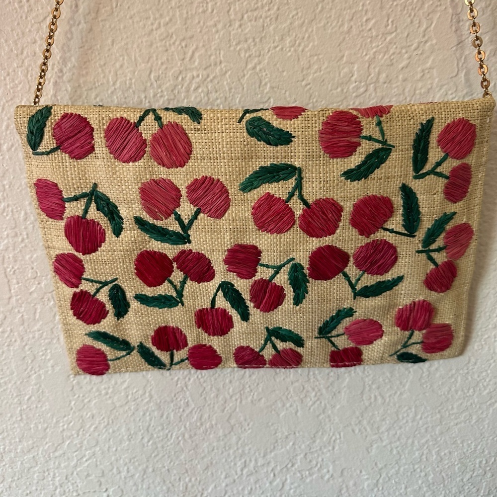 Kayu Hand Embroidered Envelope Cherry Patterned Tan Clutch Bag - Picture 6 of 7